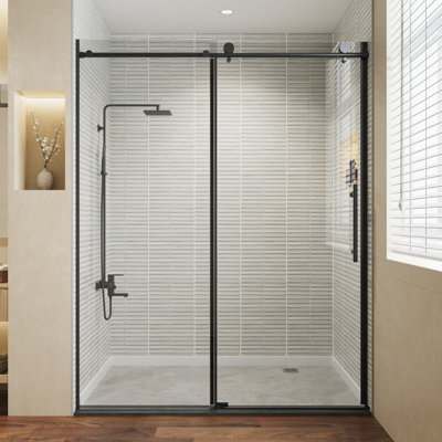 Porte de douche en verre sans cadre avec fermeture en douceur, verre trempé transparent, largeur réglable, système à double rouleau et quincaillerie en acier inoxydable