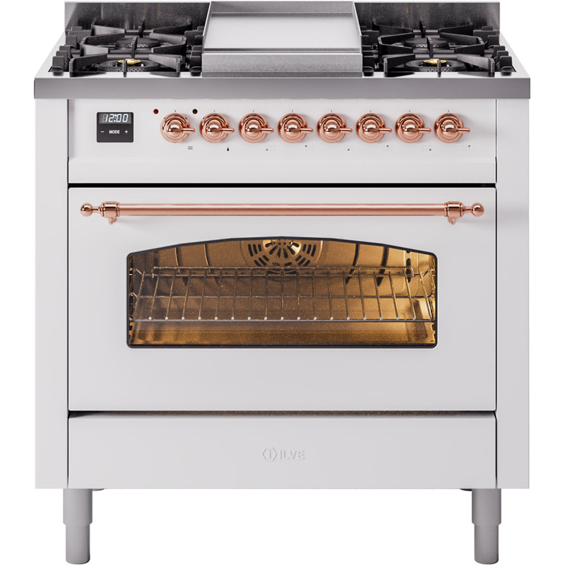 ILVE Nostalgie II 36 Dual Fuel Range, knobs, Antique White/Copper, Liquid Propane