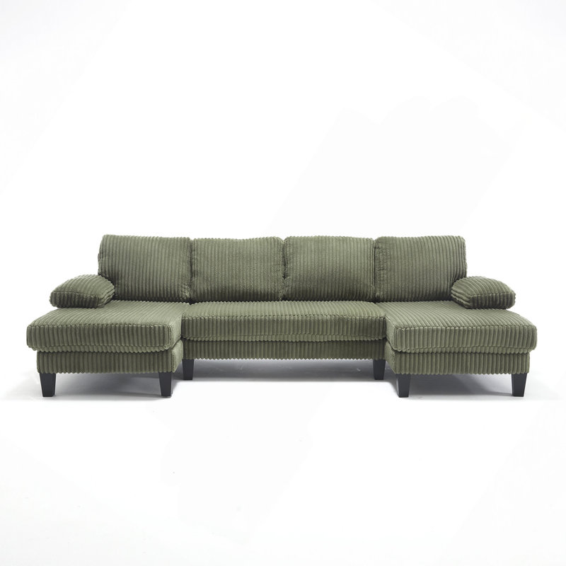 Marley U-Shaped Upholstered Sectional Sofa with Double Chaise, Green Corduroy