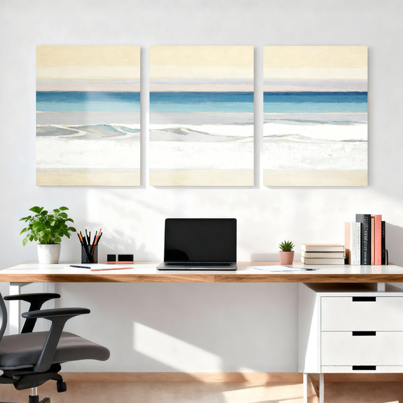 Ensemble de 3 tableaux abstraits sur toile représentant des vagues océaniques, H 30 po x l 60 po