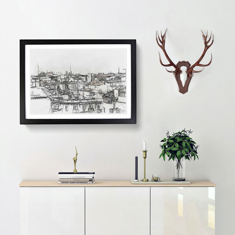 Rooftops in Barcelona Spain in Abstract - Picture Frame Graphic Art Print, 40cm H x 60cm W x 2cm D, Black