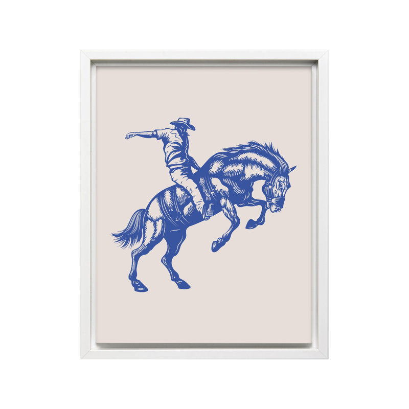 Blue Cowboy Bucking Horse, Canvas, 24"H x 32"W, White Framed