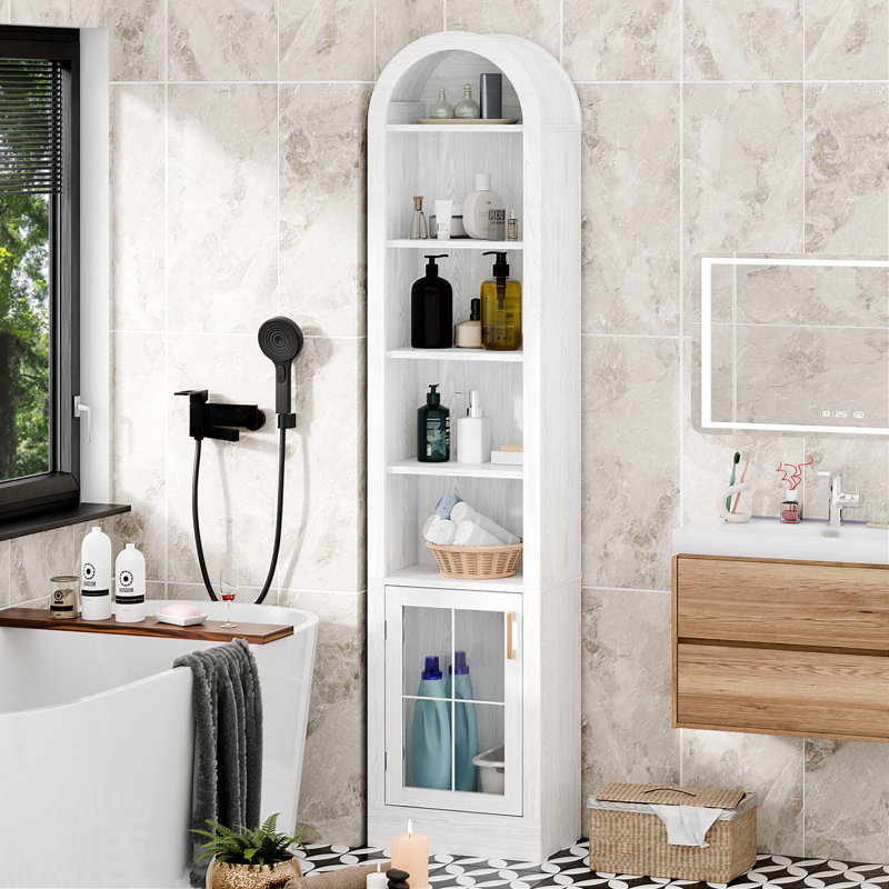 Slim Storage Cabinet With Door, Arched Top Freestanding Linen Tower, 5-Tier Narrow Organizer For Bathroom, Bedroom, Hallway