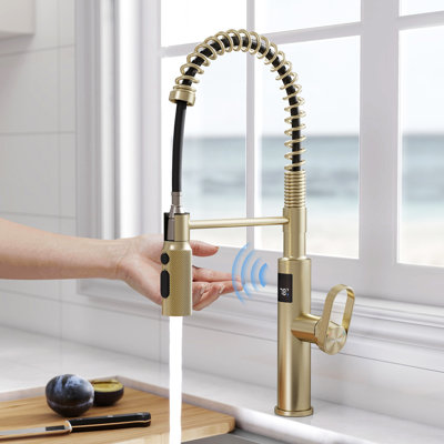 MASO Touchless Spring Kitchen Faucet with Pull-Down Sprayer, Fahrenheit Temperature Display, 3 Spray Modes, 360° Swivel, Single Handle for RV, Farmhouse, Camper, Laundry & Bar,Brushed Gold
