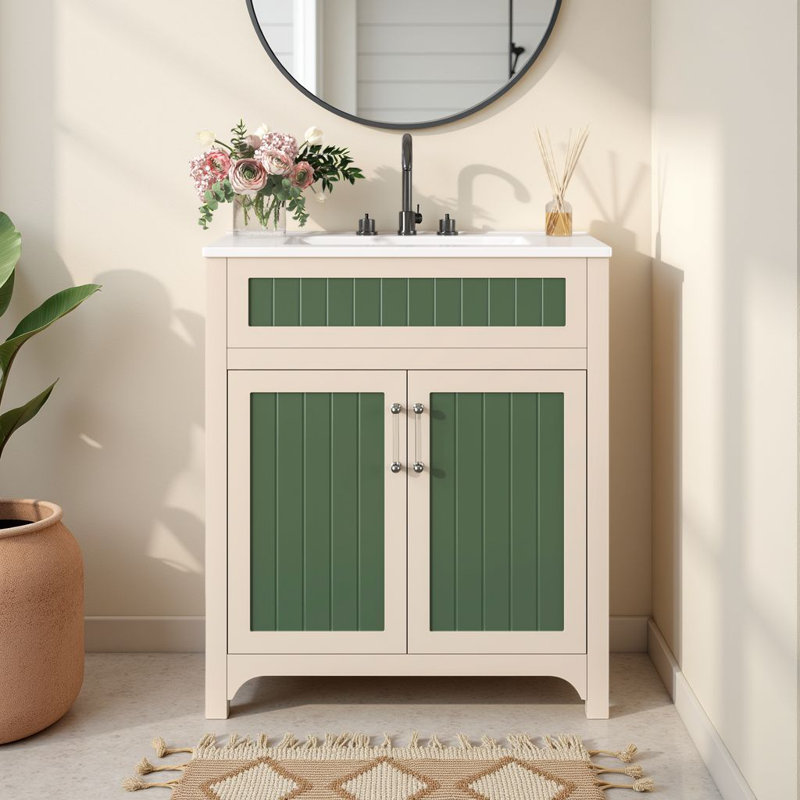 Meuble-lavabo autoportant de 30 po avec lavabo en céramique et tablette réglable, structure en bois massif