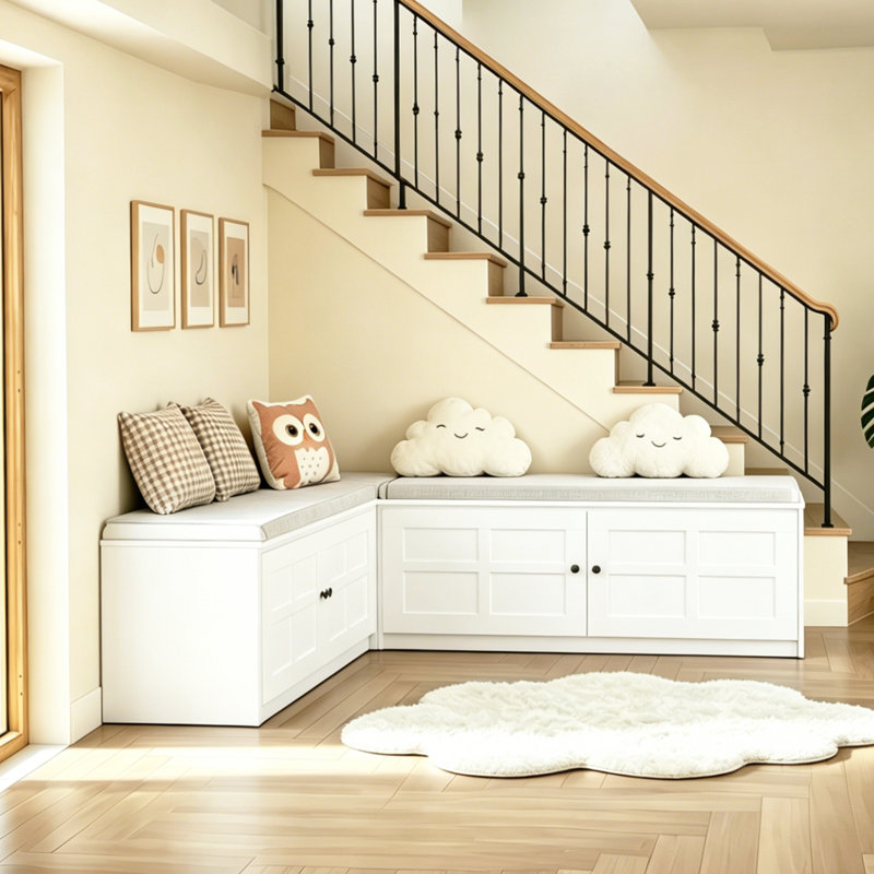 L Shape Storage Bench, Kitchen Breakfast Nook Bench With Cushion Backless Corner Bench Nook  For Entryway  Dining Room Cloakroom, White
