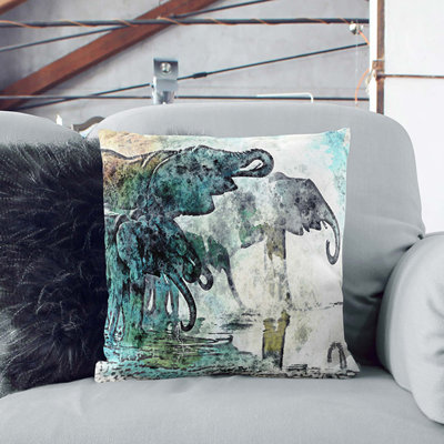 Elephants at the Waterhole in Abstract Cushion with Filling