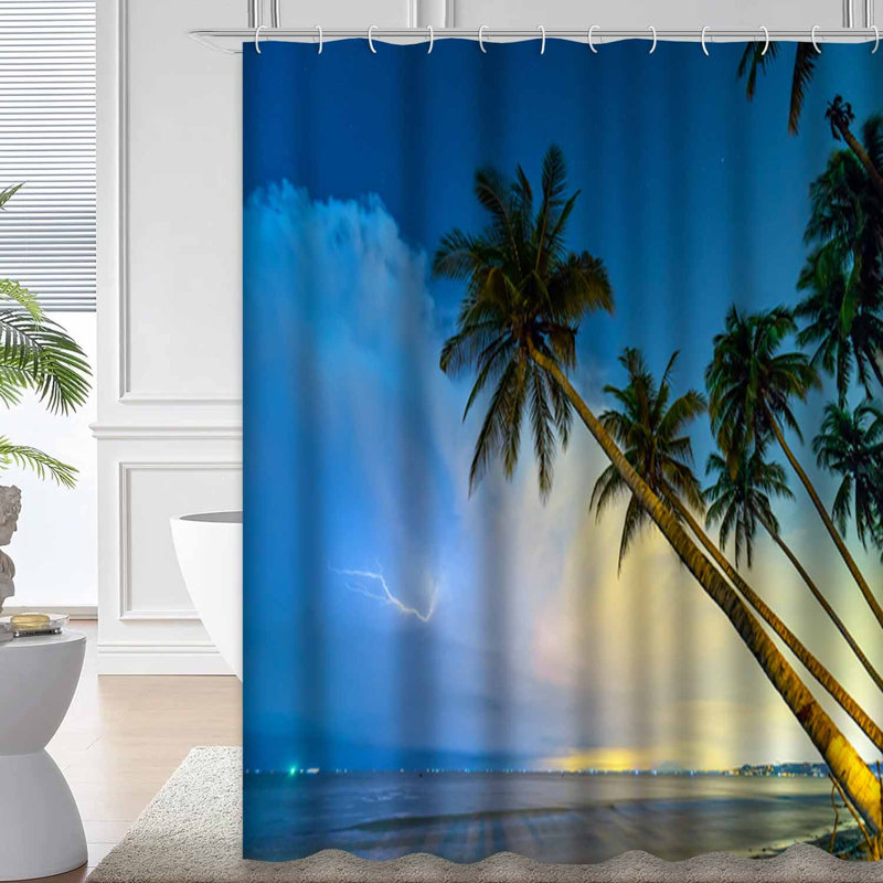 Cocotiers, plage tropicale, nuit d'été, éclairs, nuages dramatiques avec 12 crochets, L 72 po x l 72 po