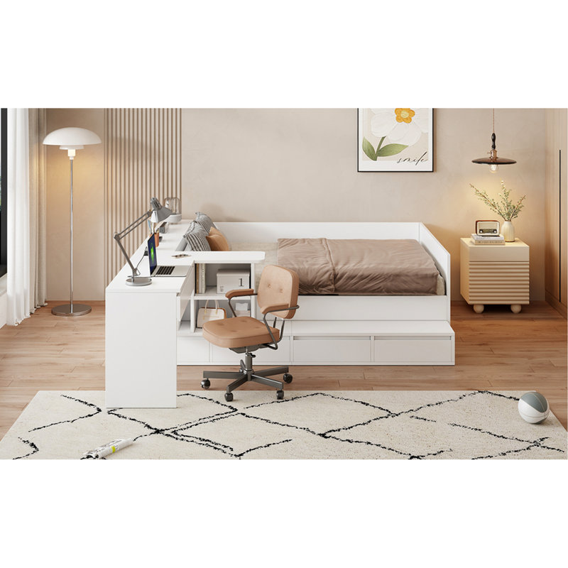 Lit plateforme blanc avec coiffeuse et tablette, 4 tiroirs pour rangement de vêtements, 6 tiroirs, bureau de coiffeuse, grand espace de travail pour le maquillage