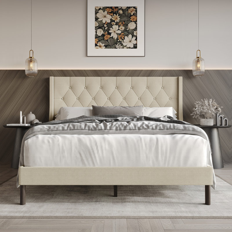 Oregon Tufted Upholstered Wingback Panel Bed, Beige, Twin
