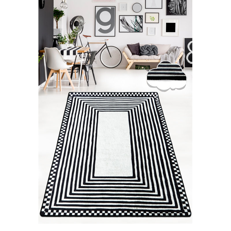 Antibacterial Hall Carpet (3.3 x 9.8 ft), Black & White, 100% Polyester | Total Thickness: 0.4 in | Non-Slip Underside, Machine Washable, Soft Pile Height: 0.2 in | Perfect for Modern Entrances & Living Spaces