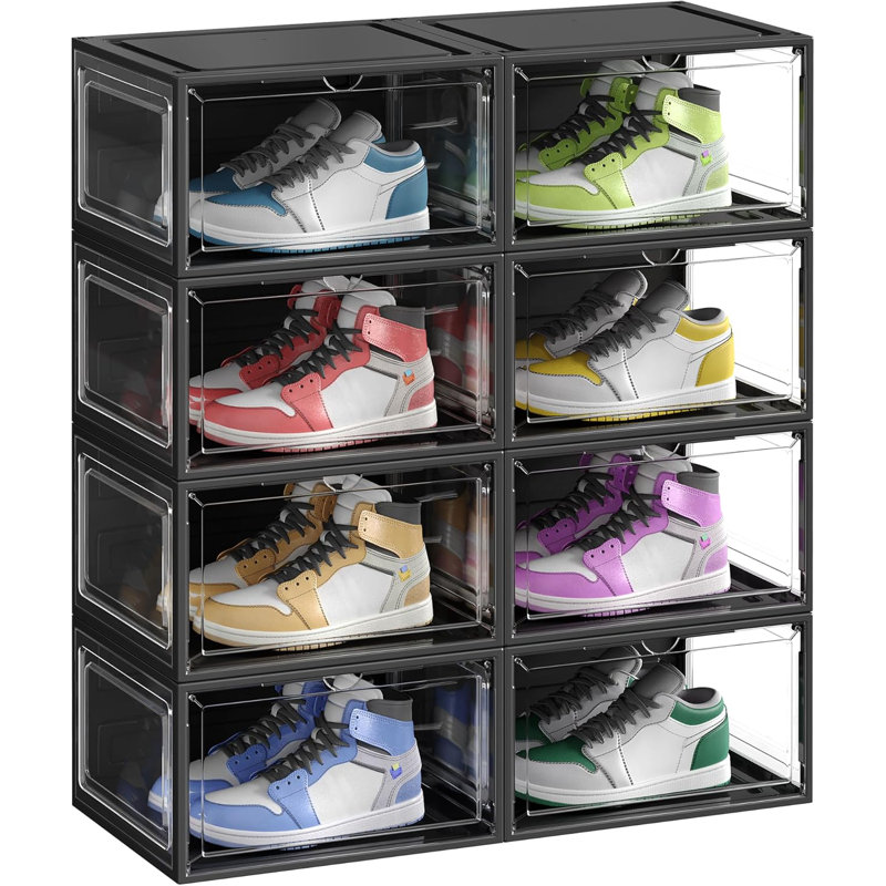 Shoe Boxes Set Of 8, Stackable Shoe Organisers With Doors, 33 X 28.5 X 19.2 Cm, Fits Shoes Up To UK Size 11, Transparent Black