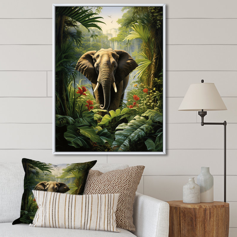 «Elephant Jungle Sanctuary II - Animals», reproduction sur toile, H 20 po x l 12 po, Cadre flottant blanc
