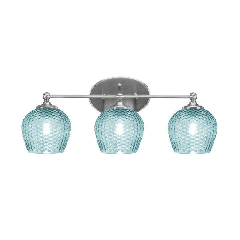 Barre d'éclairage de salle de bain 3 lumières Sheffield en nickel brossé, verre turquoise 6 po, Bleu, Nickel brossé