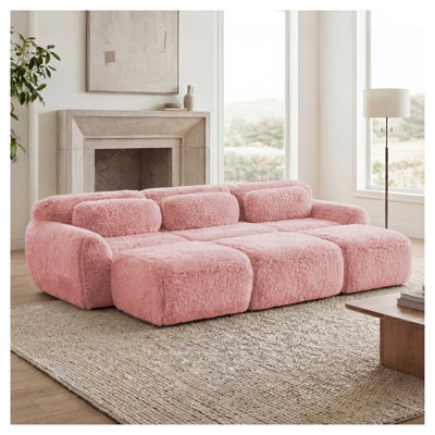 Canapé modulaire 3 places en tissu moelleux rose moderne avec base antidérapante