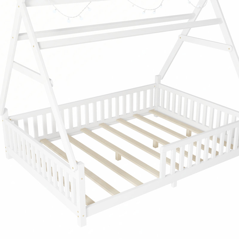 Lit maison avec lumière DEL, plancher bas et toit amovible pour enfants, Double, Blanc