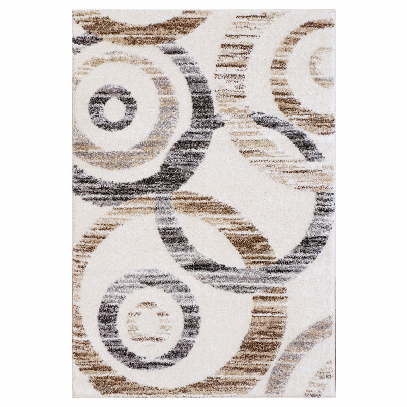 Barcelona Circles Beige/Gray Polyester/Polypropylene Tufted High-Low Area Rug Collection, Rectangle 5'3" x 7'