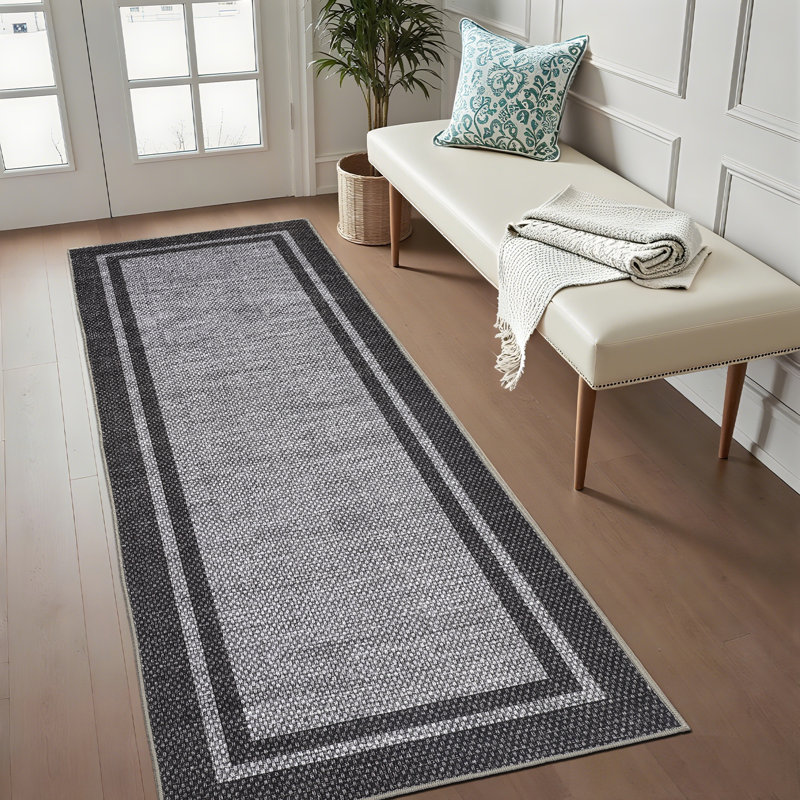Modern Bordered Area Rug Washable Rug for Living Room, Neutral Minimalist Carpet, Soft Thin Low Pile Non Shedding Floor Covering, Indoor Foldable Non Slip Mat for Bedroom