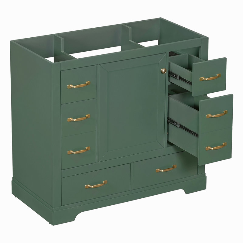 Meuble-lavabo 36 po sans lavabo, base d'armoire seulement, six tiroirs, diviseur de tiroir multifonctionnel, tablette réglable, vert