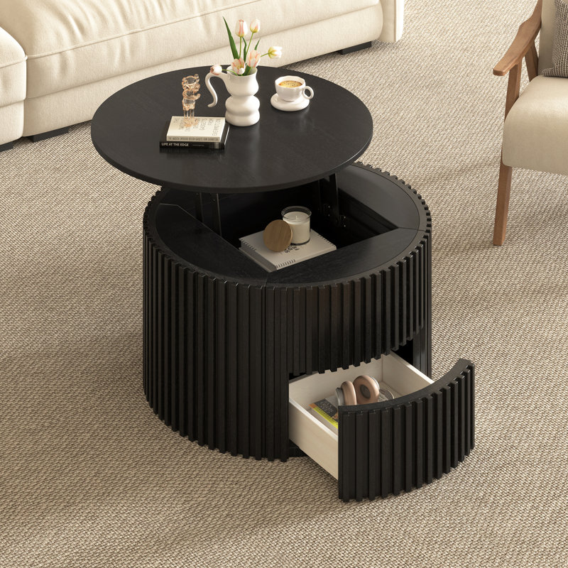 Table basse ronde à plateau relevable, table d'appoint moderne en bois cannelé avec rangement caché pour le salon, Noir