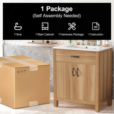 Meuble-lavabo de 30 po en bois avec cadre en bois massif, 2 portes à fermeture douce, 1 tiroir rabattable, tablette réglable, armoire de rangement moderne