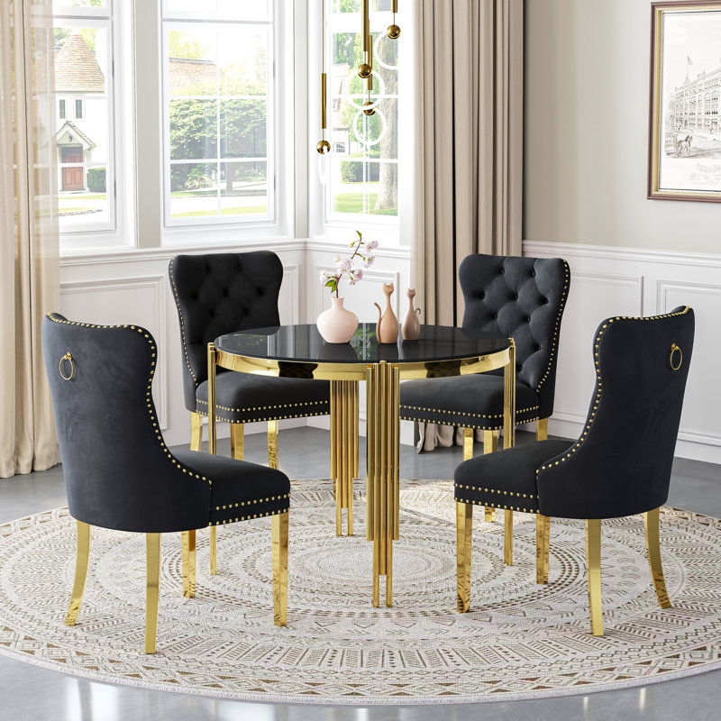 37"Modern Glass Dining Table Set, Irregular Stainless Steel Table Legs And Velvet Tufted Backrest Chairs, Black, Black/Gold