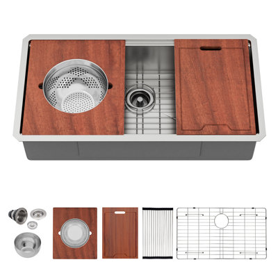 36" Brushed Nickel Undermount Workstation Kitchen Sink, 16 Gauge T304 Stainless Steel Single Bowl with Mixing Bowl & Accessories
