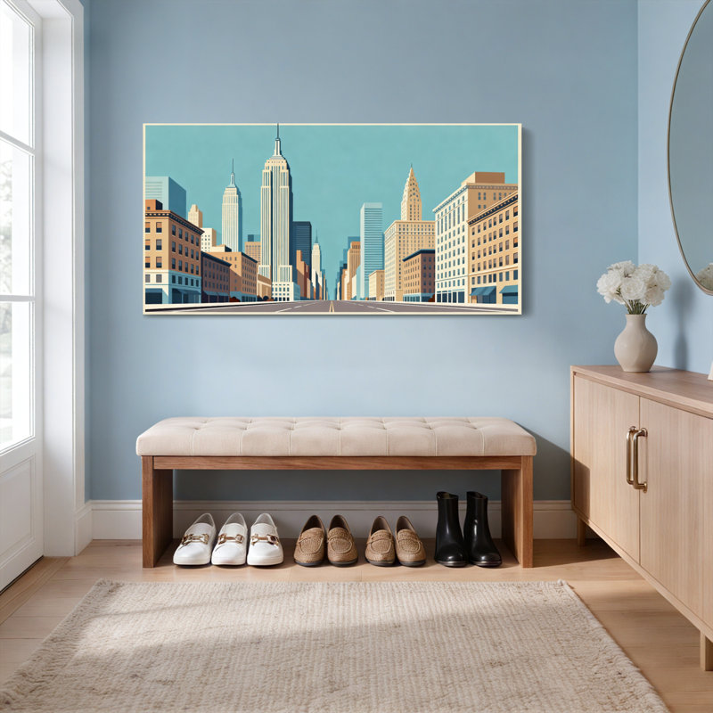 Ensemble de 1 tableau sur toile tendue représentant un paysage urbain et ses bâtiments, H 12 po x l 36 po