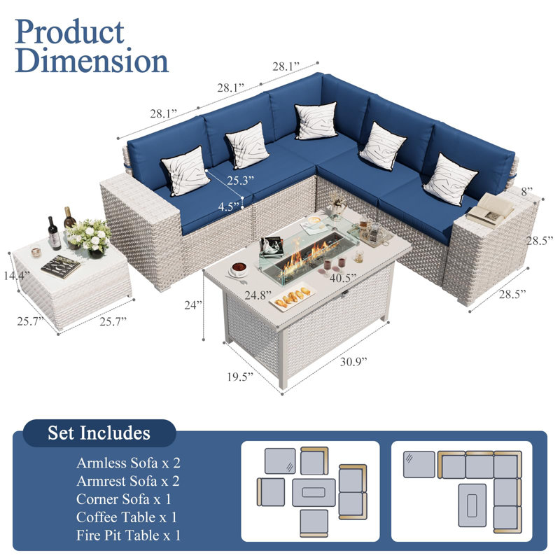7-Piece Wicker Patio Conversation Set With Cushions, Outdoor Rattan Furniture Patio Set With Fire Pit Table And Coffee Table
