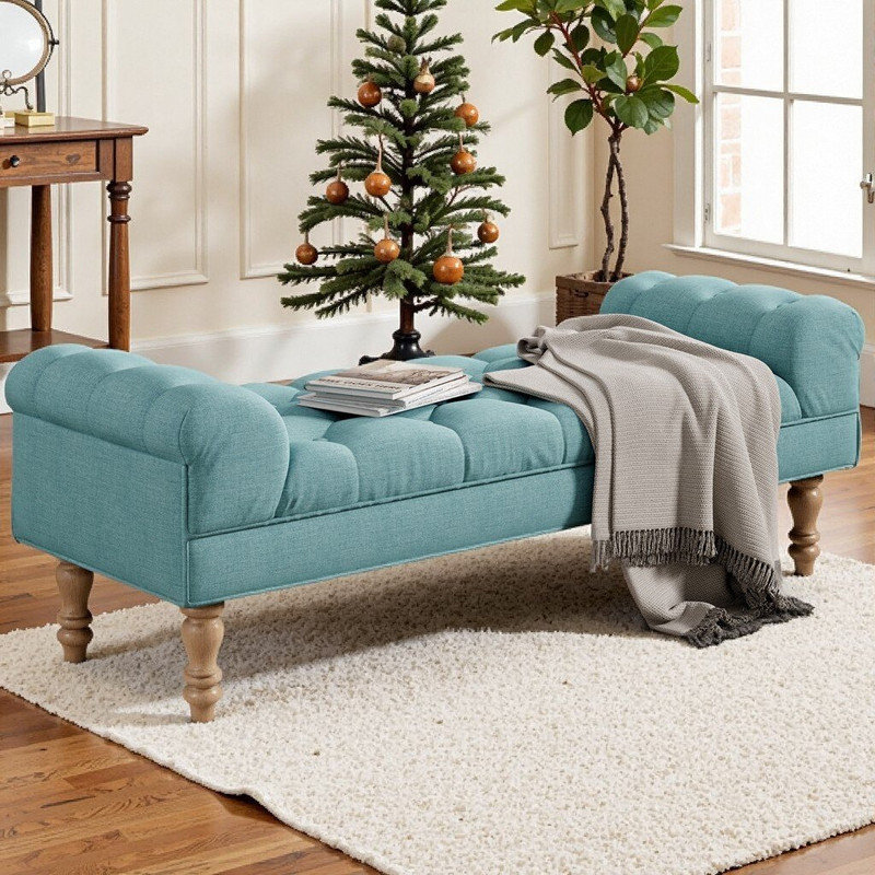 Banc rembourré capitonné à accoudoirs roulés Vesto, Bleu sarcelle vieilli