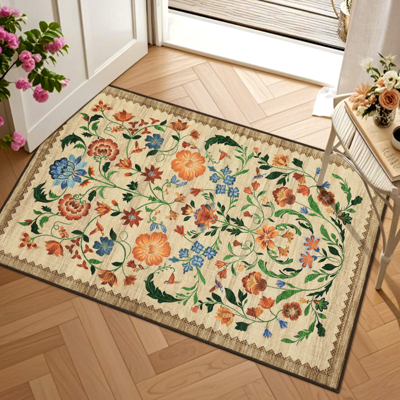 Washable Rugs for Living Room, Non Slip Floral Area Rug, Low Pile Foldable Soft Carpet, Stain Resistant Farmhouse Floor Mats for Bedroom, Dining Room, Nursery, Playroom