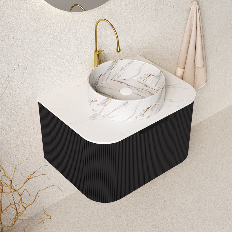 Meuble-lavabo de salle de bain mural à bords flottants courbés avec tiroir Dina, Noir