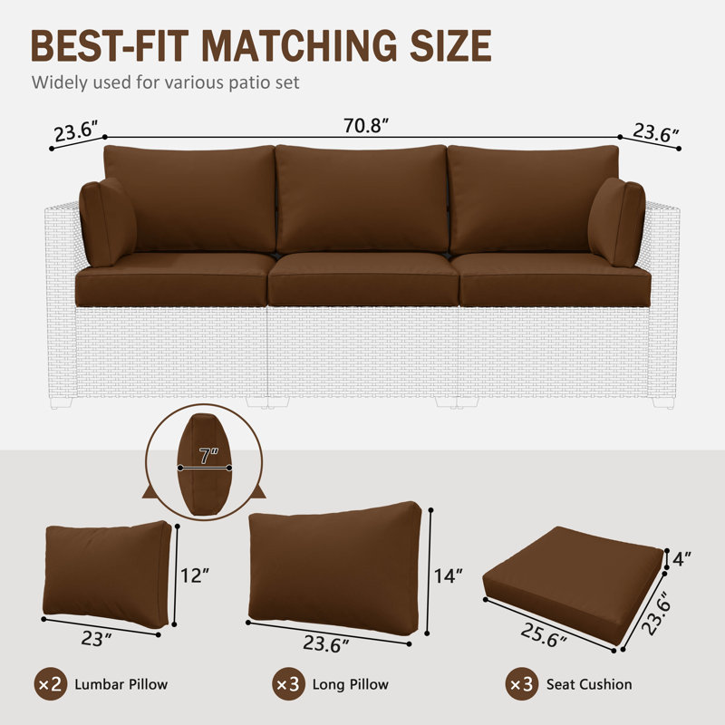 8-Piece Outdoor 4" Replacement Cushion Set Seat/Back Cushion(Set Of 3 Seats, 3 Backs, 2 Short Backs), Chocolate
