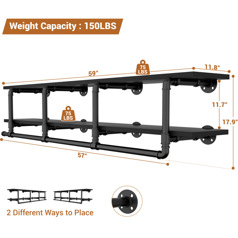 Porte-placard avec tringles de suspension, 59", Noir