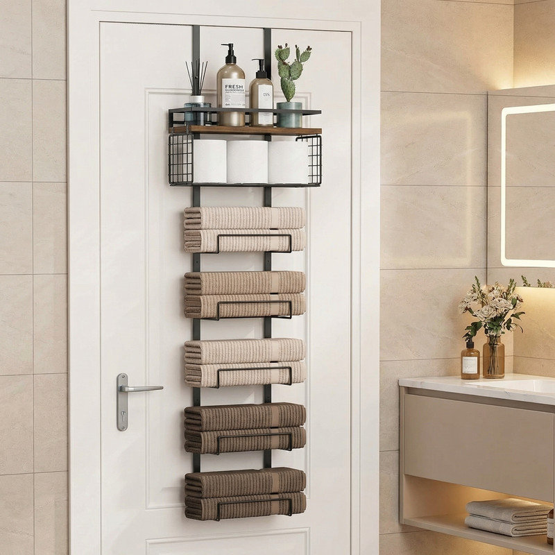 7-Tier Over-the-Door Towel Rack Storage Organizer with Metal Basket Shelf, Black Frame with Brown Plank for Bathroom