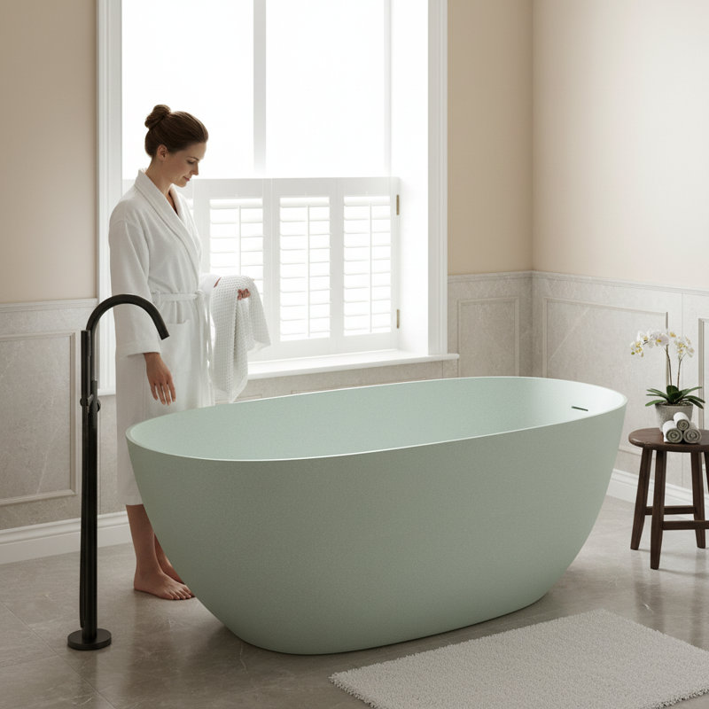 Baignoire autoportante ovale à surface solide de 57 pouces de couleur turquoise vert, Vert à bords minces