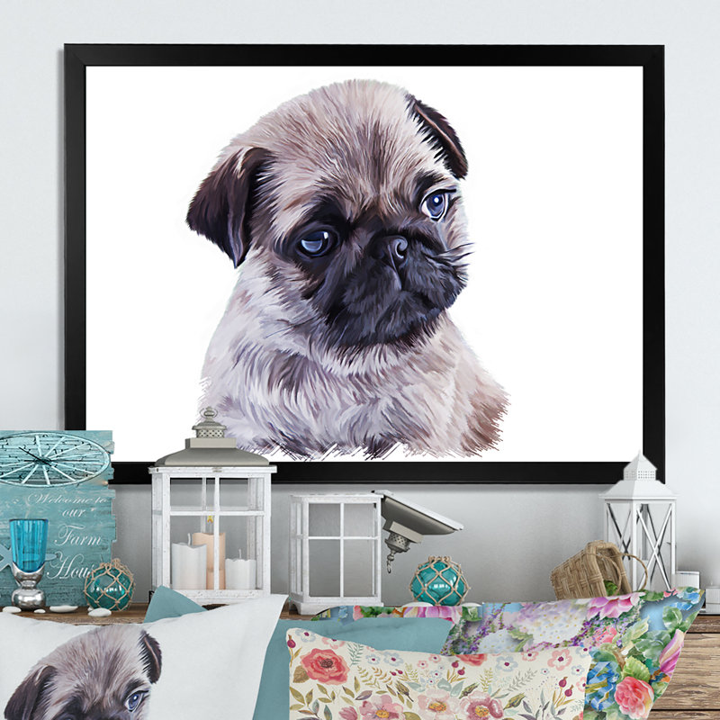 Portrait de chiot carlin - reproduction sur toile, H 12 po x l 20 po x P 1 po, Toile avec cadre noir