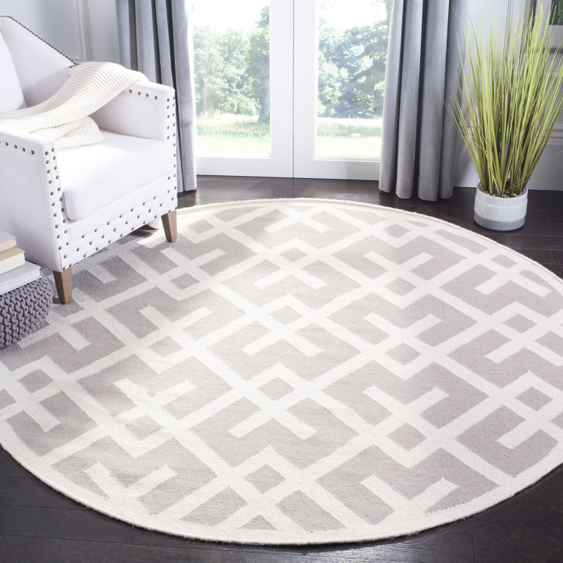 Rodgers Hand Woven Flat Weave Wool/Cotton Geometric Rug in Ivory/Gray, Round 8'