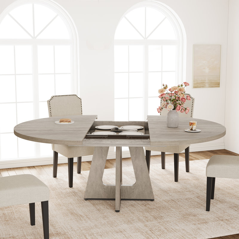 Table de salle à manger ronde extensible peu encombrante pour 4 à 8 personnes - Fabrication moderne en bois aggloméré et en métal - Durable, multifonctionnel et de style contemporain - Parfait pour la salle à manger, la cuisine ou le salon - Gris