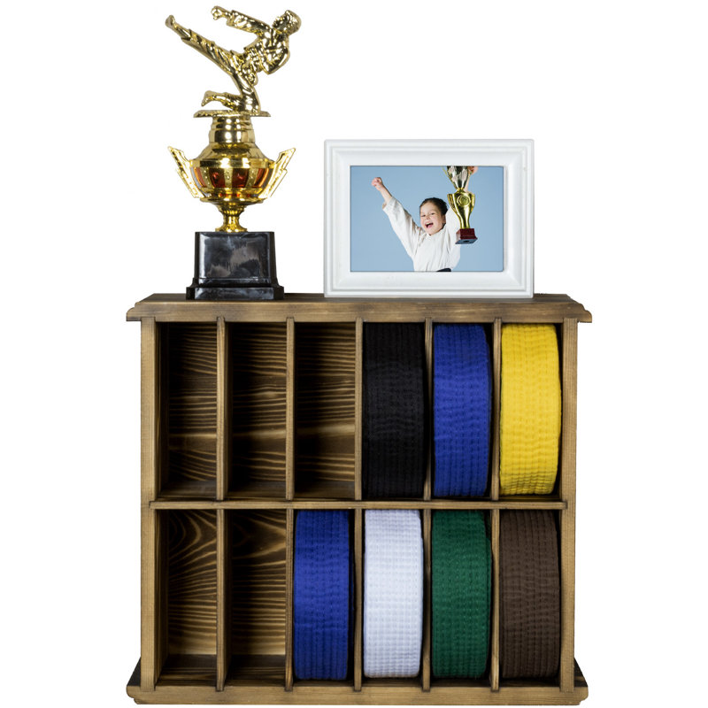 12-Slot Solid Wood Trophy Display Shelf Belt Holder