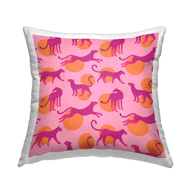 Conception de coussin décoratif rose à motif de léopards sur pois orange par Lisa Perry