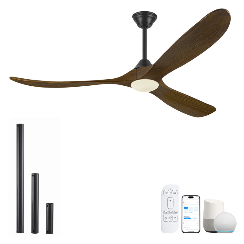 Ventilateur de plafond intelligent avec lumière et télécommande, télécommande et application, pales en bois massif, moteur à courant continu réversible