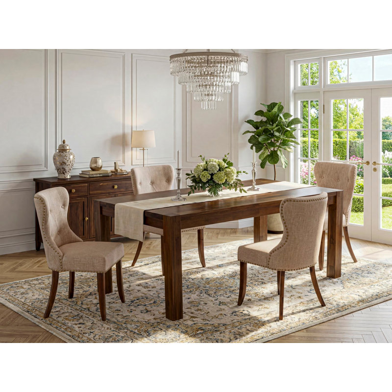 5 Piece Dining Room Table Set Includes a Rectangle Rustic Wood Dining Table and 4 Light Tan Linen Fabric Upholstered Chairs, Antique Walnut