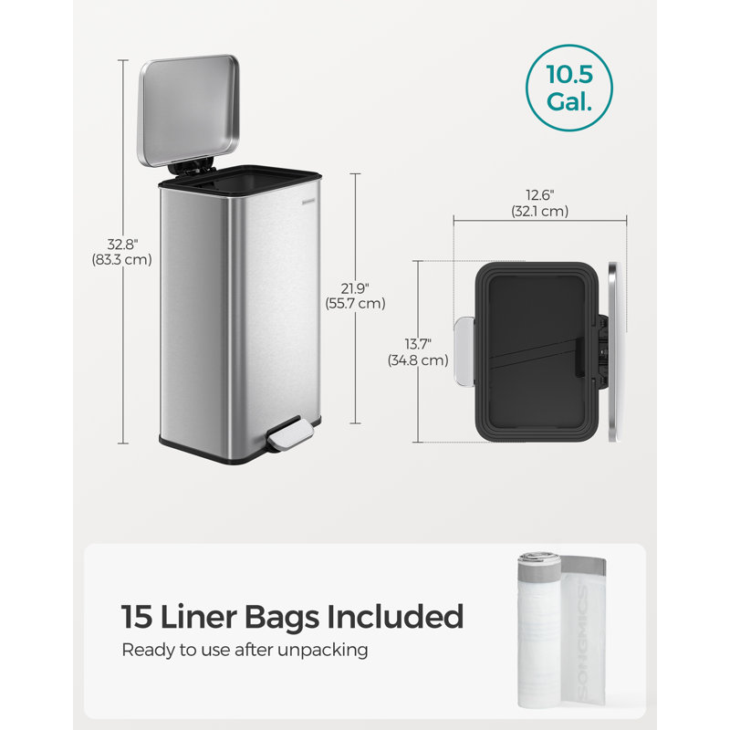 10.5 Gallon Stainless Steel Step On Trash Can with 15 Trash Bags, Silver