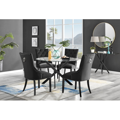 Novara Black Leg 120Cm Round Glass Dining Table & 4 Blue Belgravia Black Leg Chairs