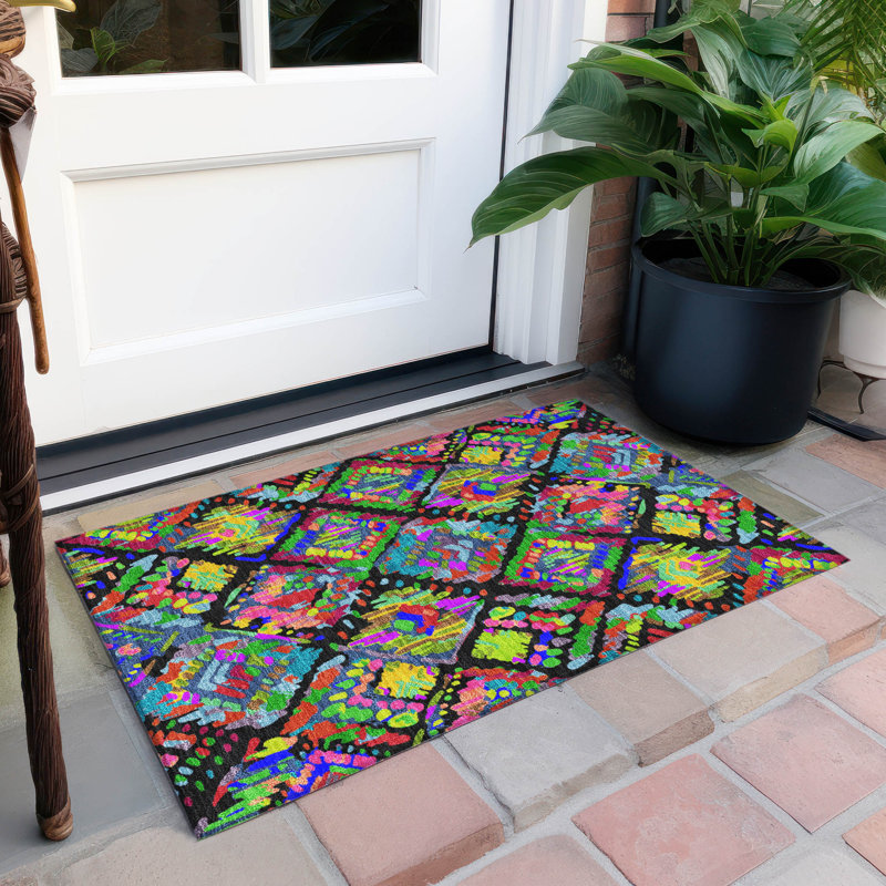 Machine Washable Indoor/Outdoor Christain ACN1327 Black Rug, Rectangle 1'8" x 2'6"