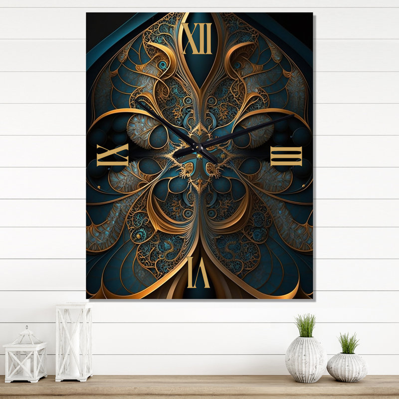 Horloge murale fractale univers rétro or et bleu sarcelle I, H 32 po x l 16 po x P 1 po
