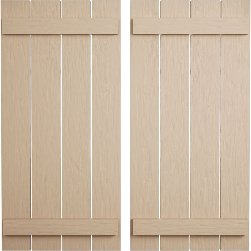 Volets rustiques en faux bois à quatre planches espacées (par paire), Texture sciée brute / brun clair apprêté, 23"