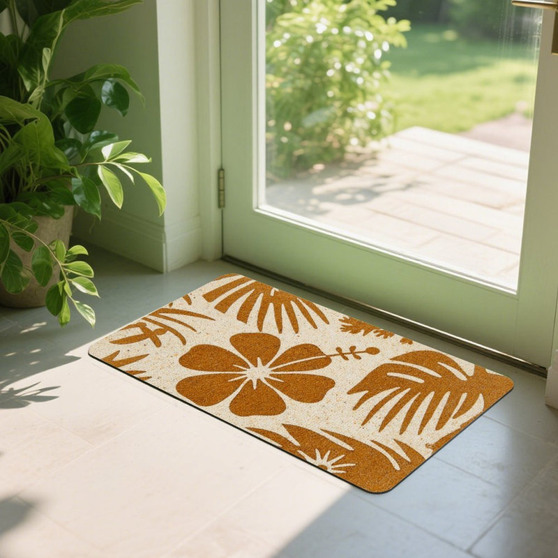 Tropical Hibiscus Palm Leaves Doormat for Outdoor and Indoor, 36 x 24 inch