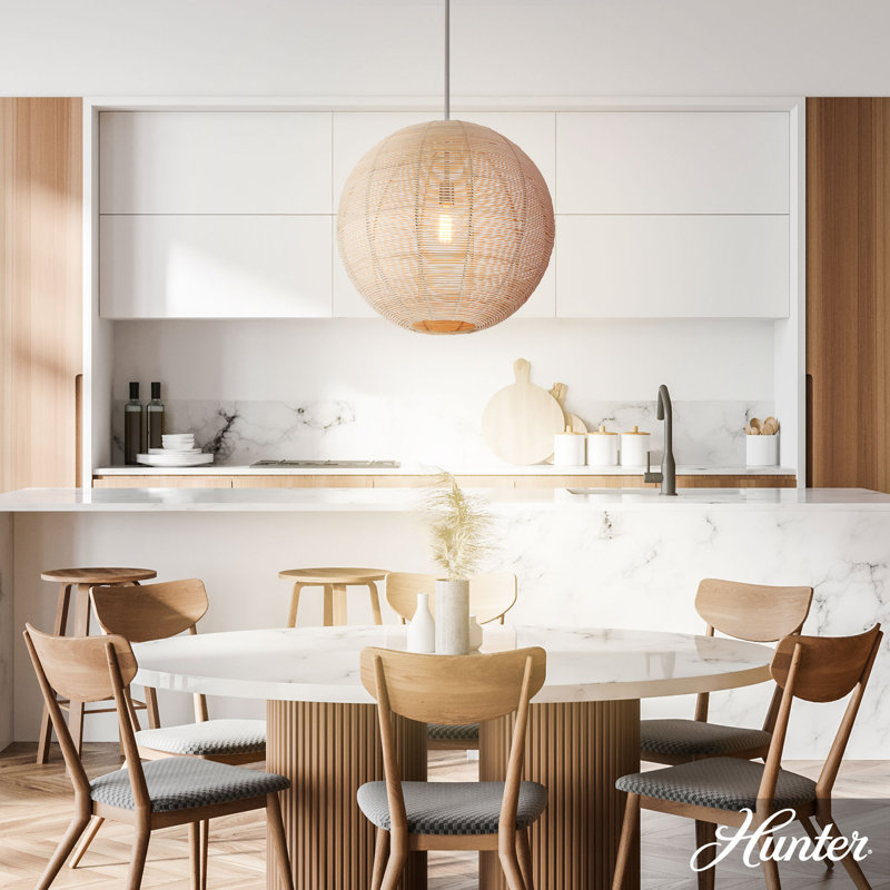 Large Brushed Nickel Globe Pendant Light with Rattan Shade